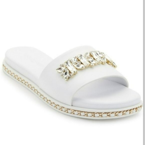 Karl Lagerfeld Shoes - Karl Lagerfeld Paris Bijou Embellished Slide Sandals White 7.5